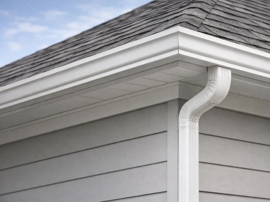 White eavestrough and downspout on a house corner